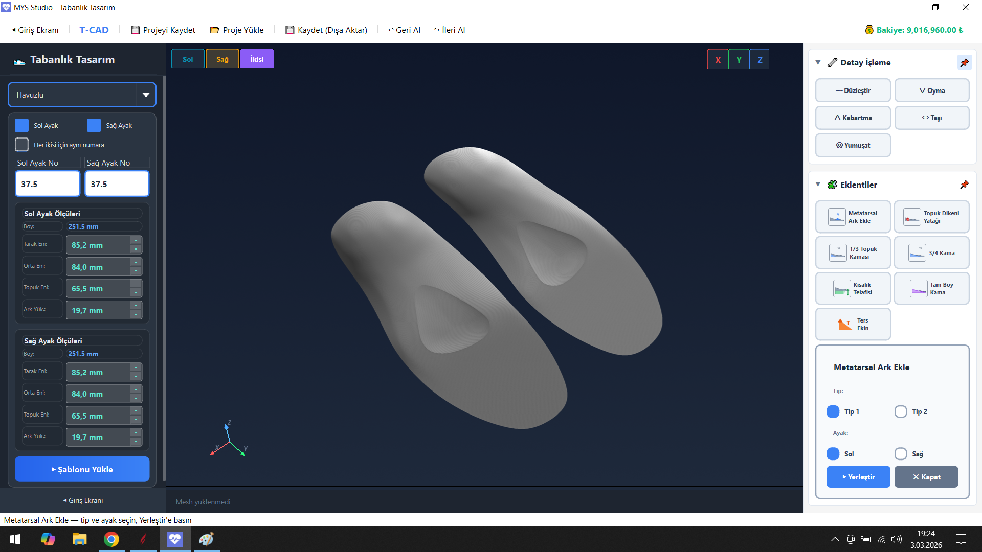 MYS Studio — 3D ortopedik tabanlık tasarım programı ekran görüntüsü